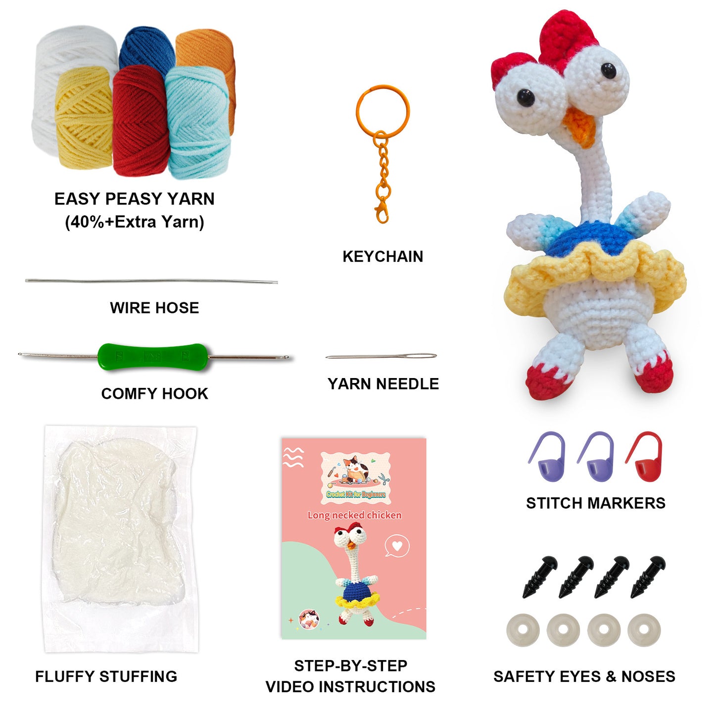 DIY Delight: Kawaii Big-Eyed Gurgy Chicken Doll Crochet Woven Material Kit (Japanese Style).