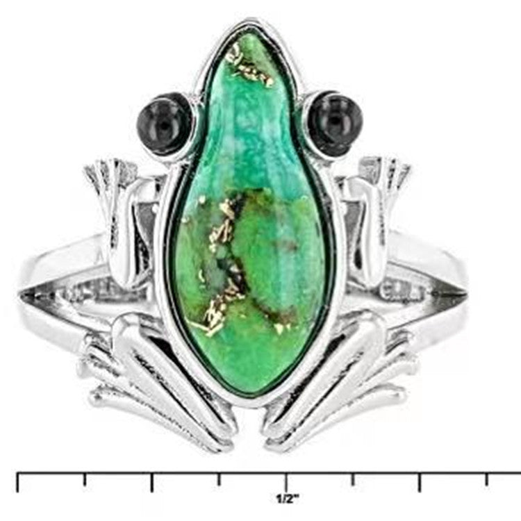 Charming Accent: Silver Creative Personality Cute Turquoise Frog Animal Ring.