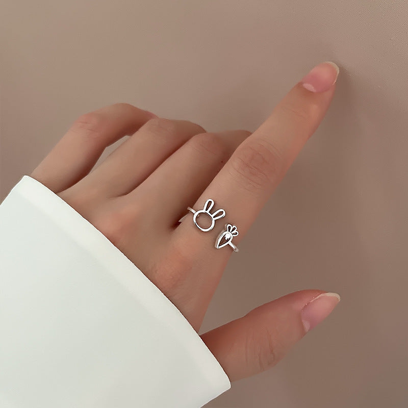 Cute Girlish Bunny & Carrot Ring, Simple Fashion Inlaid Zircon Adjustable Ring