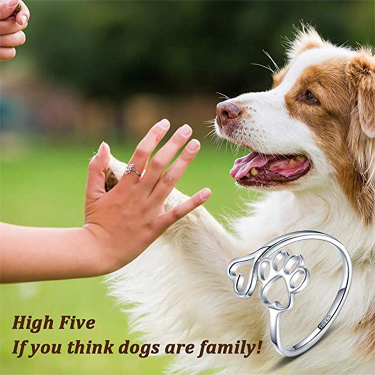 Dog Print Love Hollow Ring, Copper Pet-Themed Electroplated Fashion Jewelry