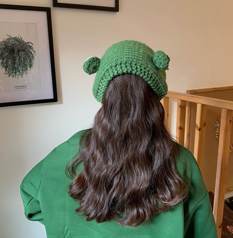 Sweet & Warm: Women's Big Eyes Cartoon Frog Knitted Hat for Shopping and Travel.
