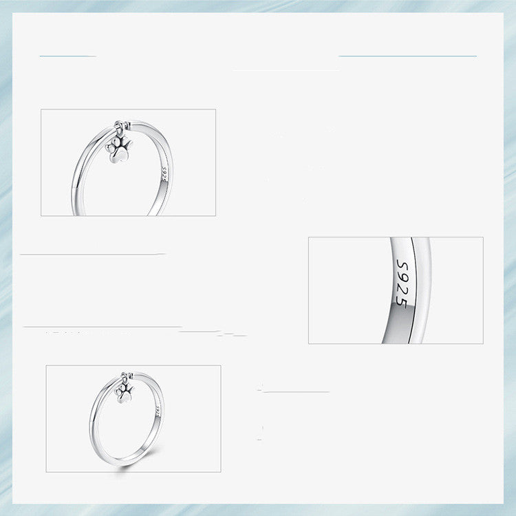 Simple & Lovely Dog Paw Print Movable Ring, S925 Sterling Silver Adjustable Animal Jewelry