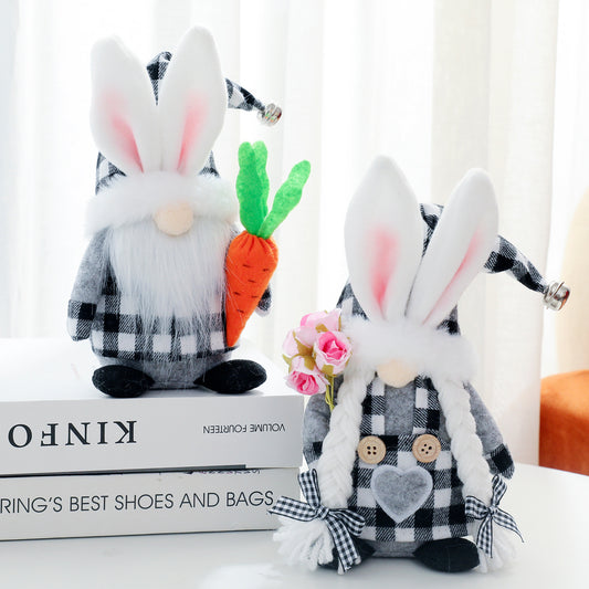 Decorative Plaid Bunny with Radish Doll, Easter Cloth Rabbit Ornament (Male & Children Styles)