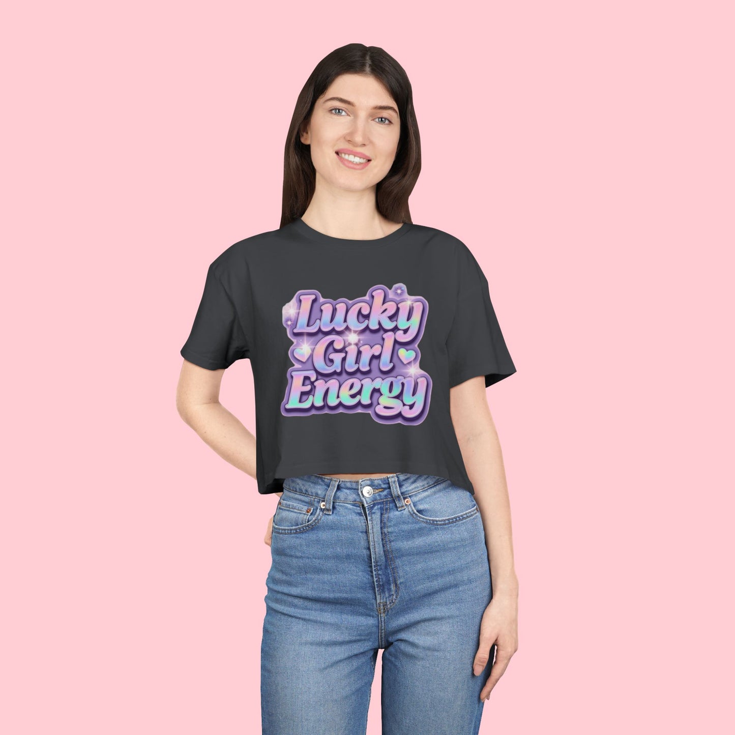 Lucky Girl Energy Crop Tee - Pastel Retro Graphic Women’s Top