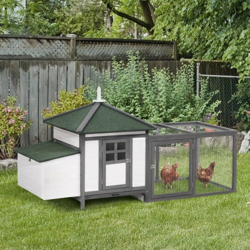77" Wooden Chicken Coop with Nesting Boxes – Grey Outdoor Hen House with Ramp, Run & Removable Tray