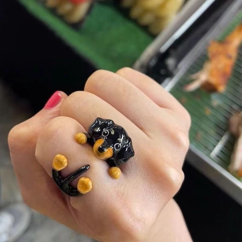 Cartoon Sausage Dog Unique Ring, Funny & Cute Adjustable Alloy Ring for Women and Couples