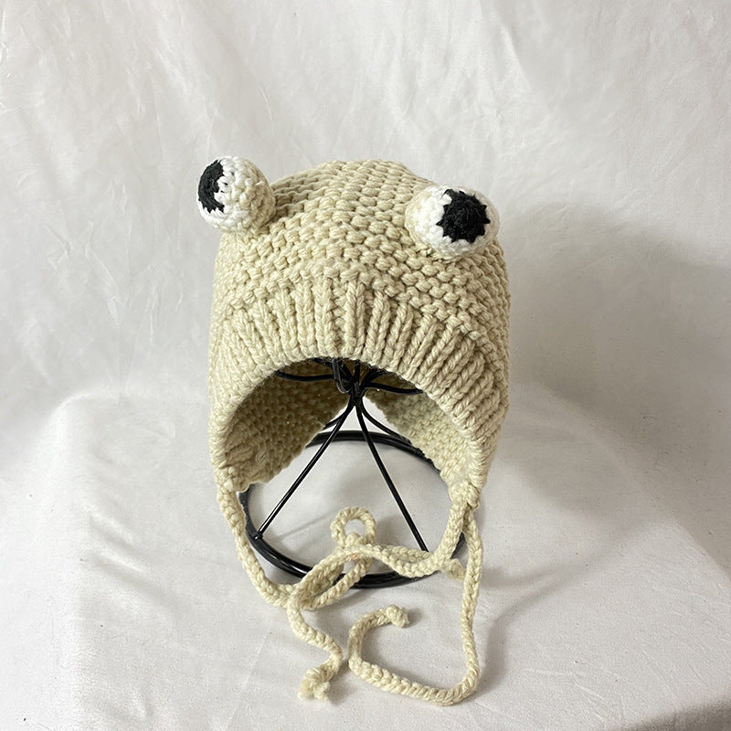 Cute Frog Big-Eye Knitted Wool Hat – Ear Protection Beanie for Women
