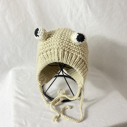Cute Frog Big-Eye Knitted Wool Hat – Ear Protection Beanie for Women
