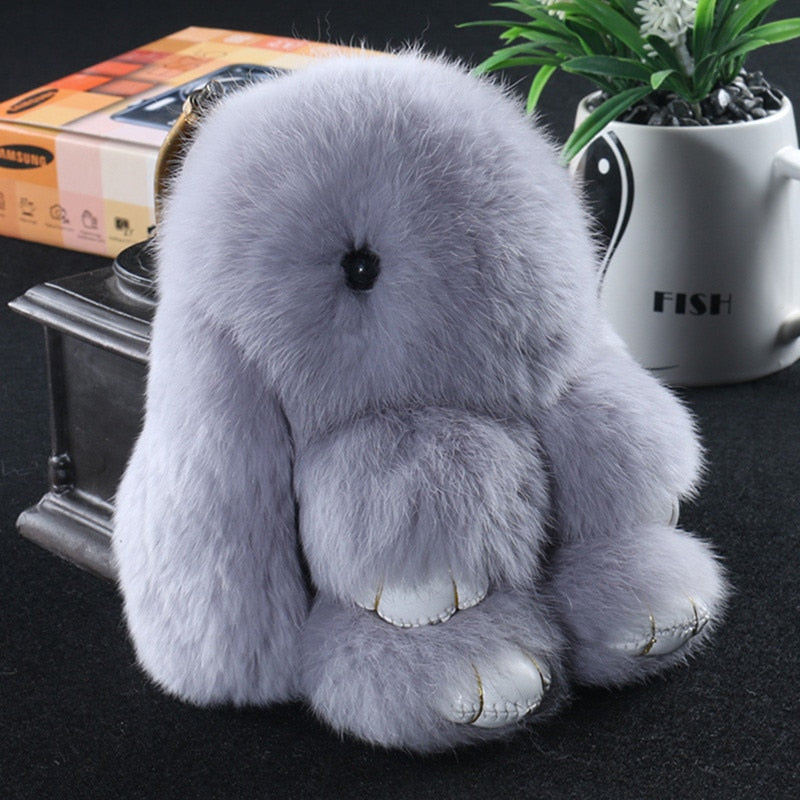 15cm Cute Plush Bunny Keychain, Genuine Rex Rabbit Fur Pom Pom Bag Charm