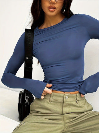 Women’s Long Sleeve Round Neck Crop Top – Ultra Short Pullover T-Shirt