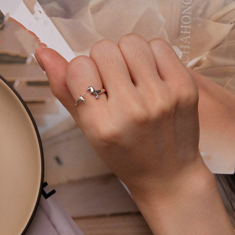 Sterling Silver S925 Sausage Dog Ring, Adjustable Oxidized Silver Dachshund Ring