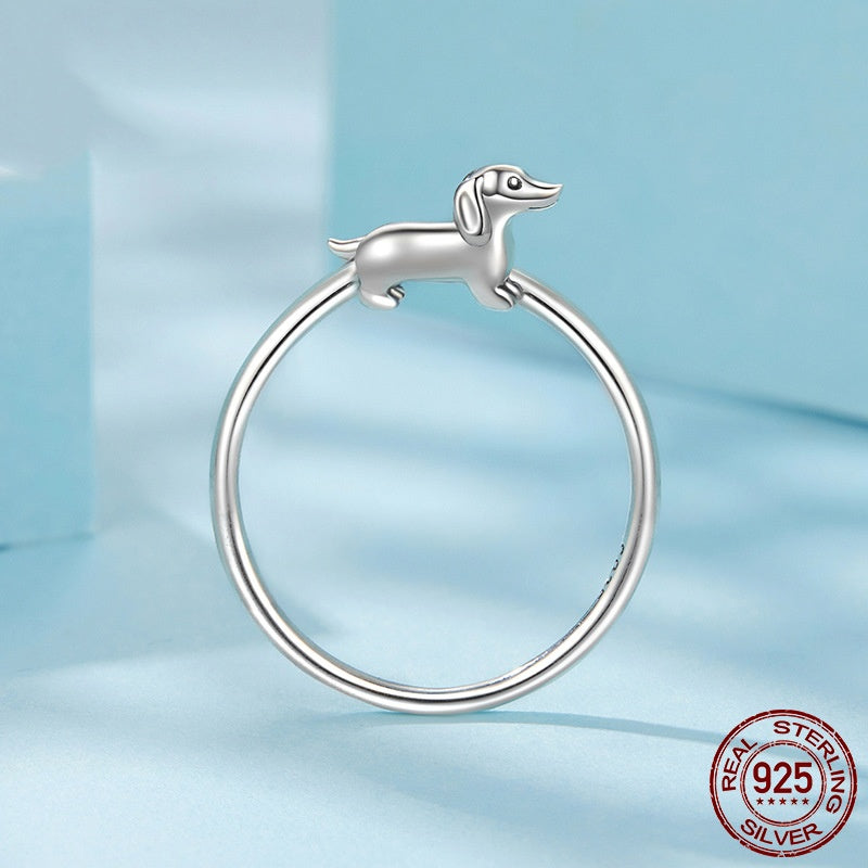 Cute Animal S925 Sterling Silver Sausage Dog Open Ring, Adjustable Women’s Bracelet-Style Ring