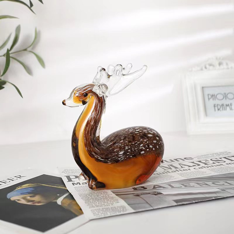 Handmade Colored Glass Dog Ornament, Light Luxury Sika Deer-Inspired Animal Decoration for Tea Table & Home Display