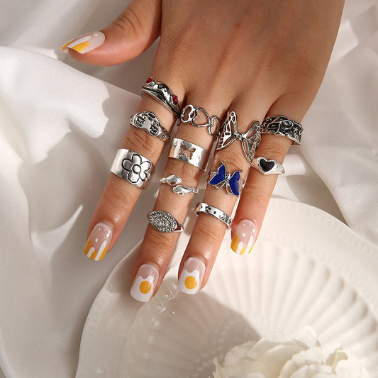 Dazzling Variety: $\mathbf{12}$-Piece Gemstone Butterfly and Frog Animal Ring Set (Silver Alloy).