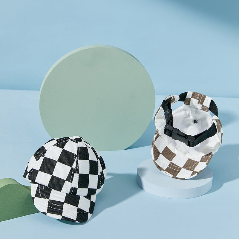 Pomeranian Baseball Cap, Plaid Cotton Outdoor Hat for Small & Medium Dogs