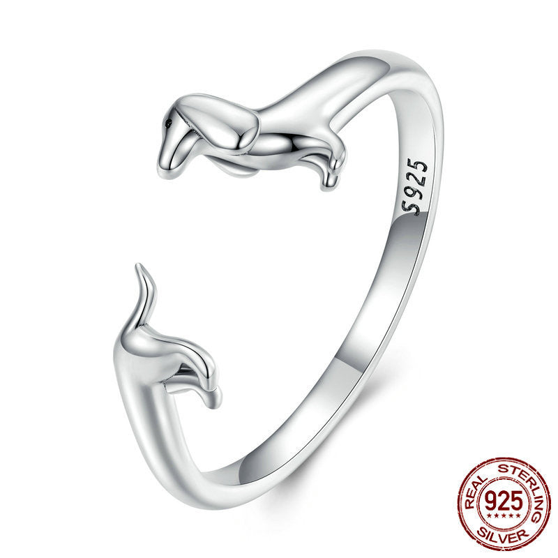 Sterling Silver S925 Sausage Dog Ring, Adjustable Oxidized Silver Dachshund Ring
