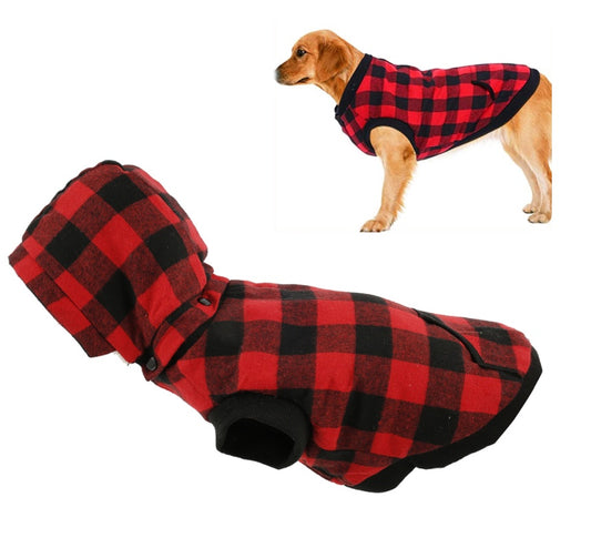 Autumn & Winter Plaid Pet Coat, Thickened Dog Clothing with Detachable Hat