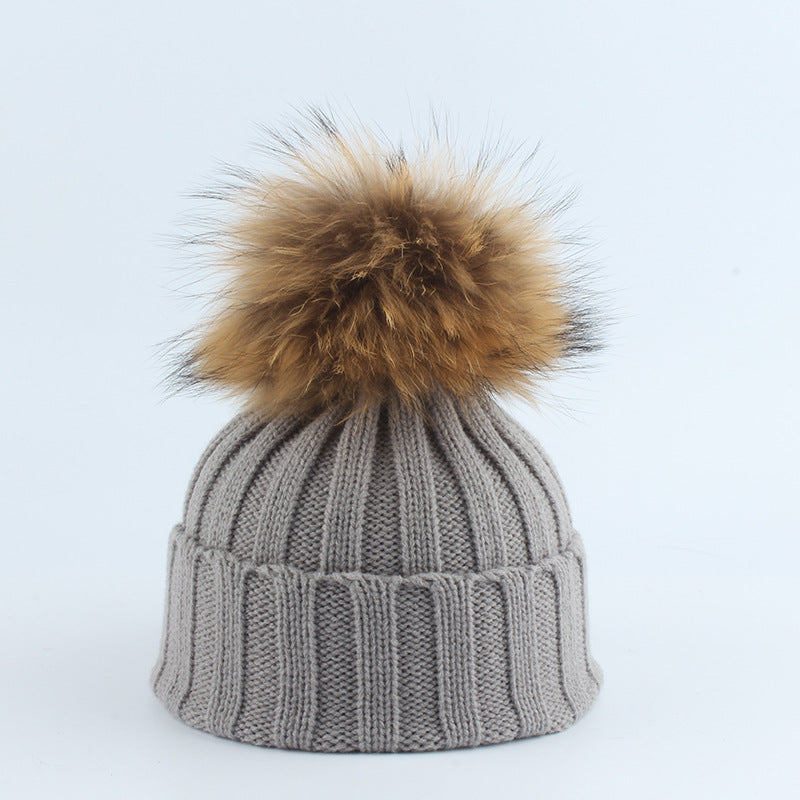 Parent–Child Thermal Knit Hat Set, Winter Raccoon Fur Pom Beanie for Kids & Adults