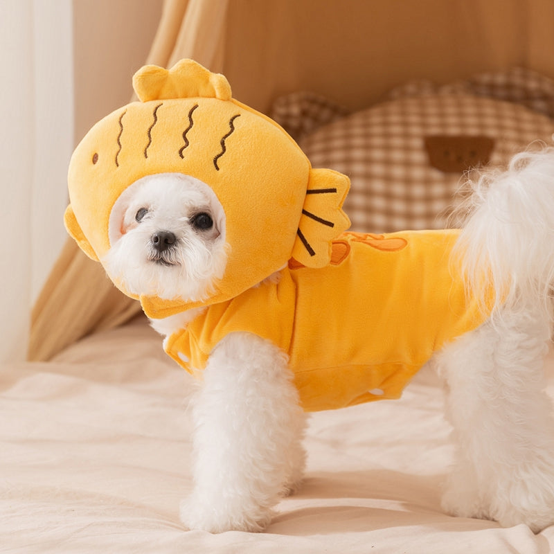 Autumn & Winter Onsen Fish Pet Costume, Funny Hat & Vest Cotton-Padded Suit for Dogs