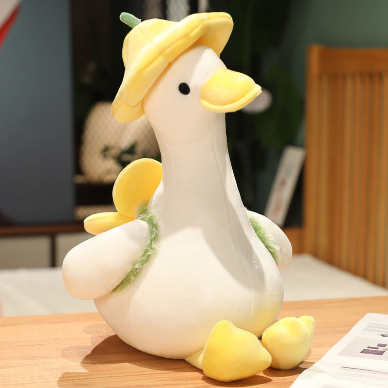 Charming Decor: Little Flower Hat Duck Plush Doll (Down Cotton Filled, Super Soft).