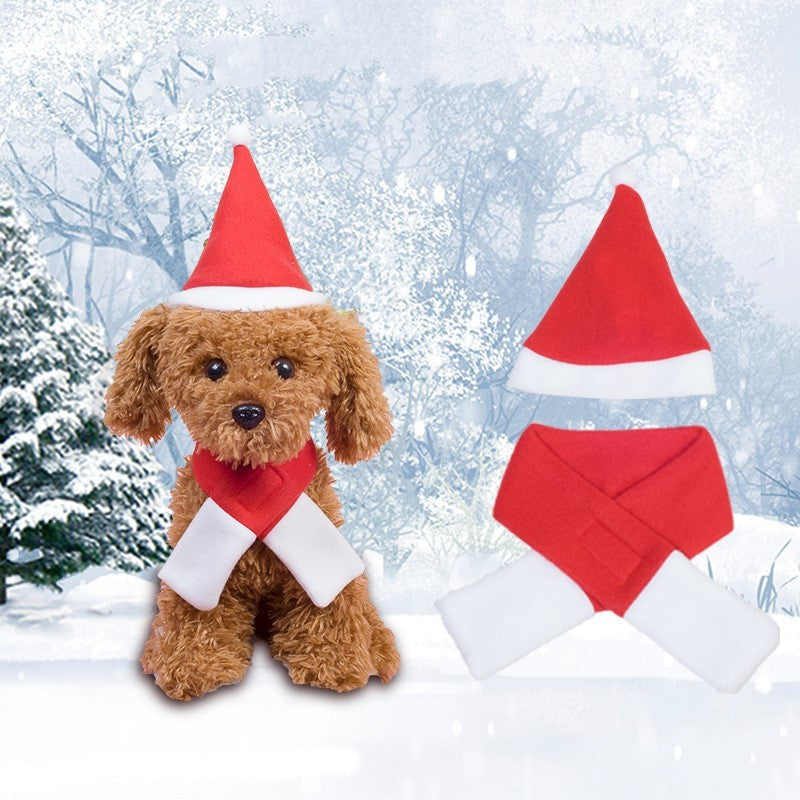 New Dog Christmas Hat & Scarf Set, Red Fleece Pet Holiday Clothing