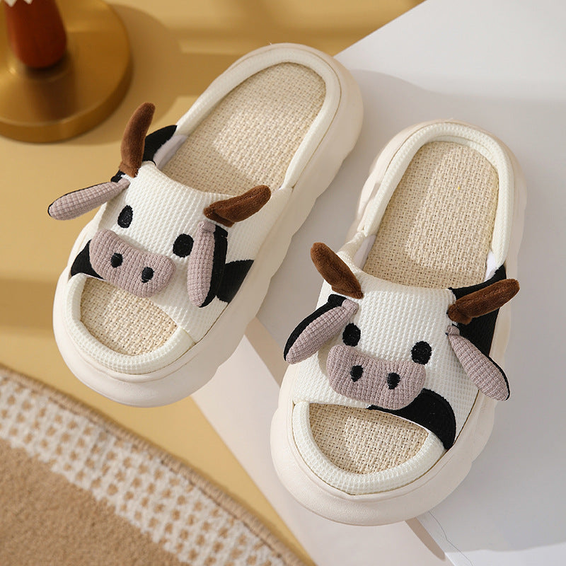 Farm Fun & Comfort: Cute Cartoon Cow and Frog Linen Non-slip Indoor Garden Slippers.