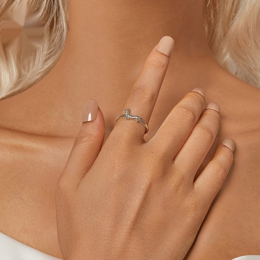 Women’s Cute Sausage Dog Open Ring, S925 Sterling Silver Adjustable Animal Ring