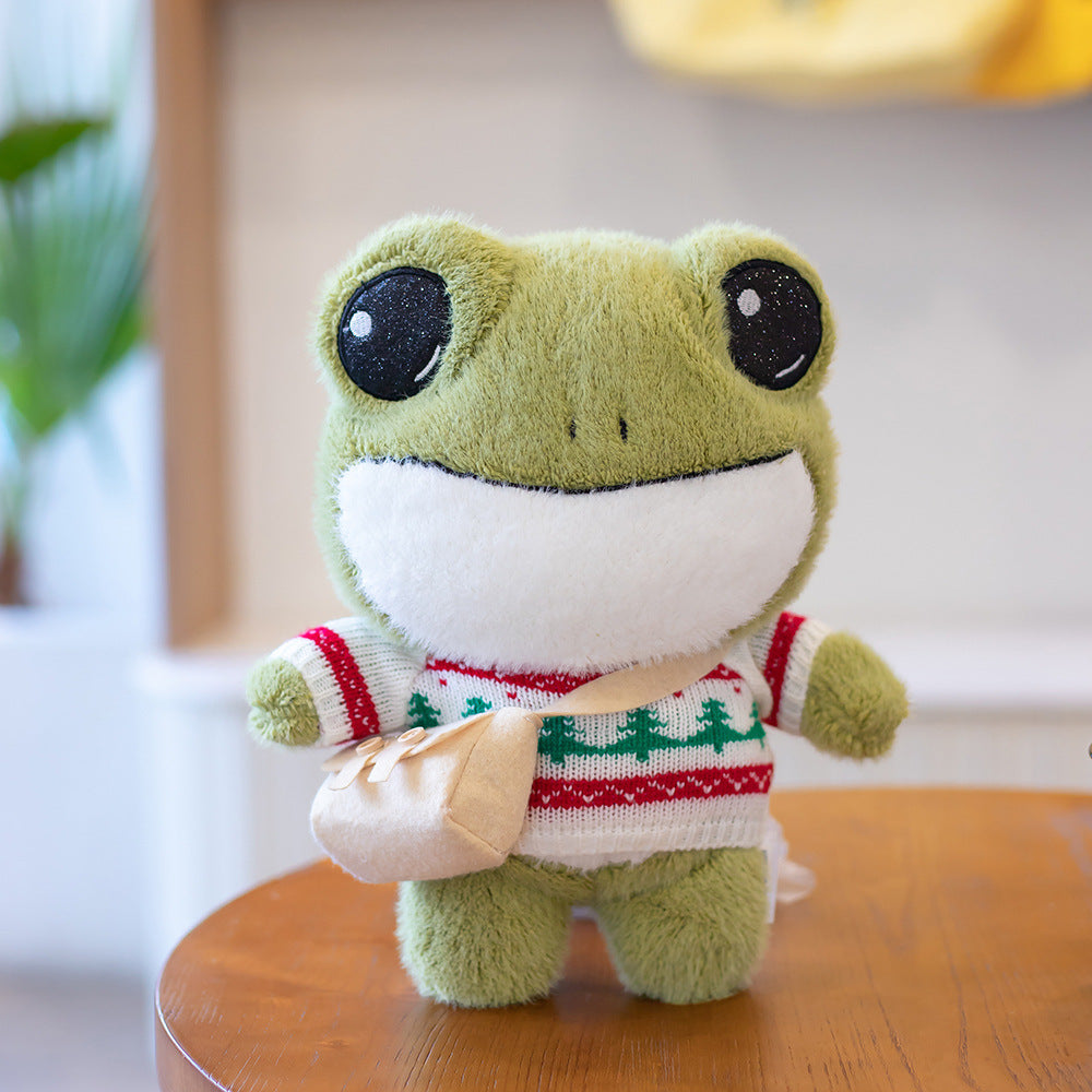 $\mathbf{30\text{cm}}$ Dressed-Up Delight: Cute Frog Doll Plush Toy Backpack (Wheat Velvet).