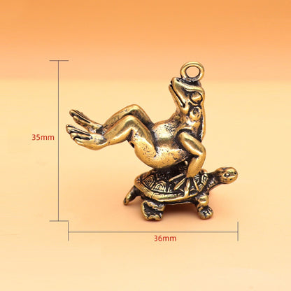 Double Luck: Retro Brass Turtle & Frog Pendant Keychain Ornament.
