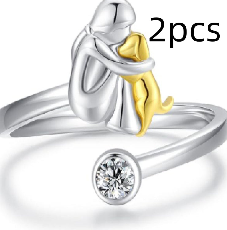 Girl and Dog Pet Ring, Adjustable Silver Alloy Heart-Themed Fashion Ring