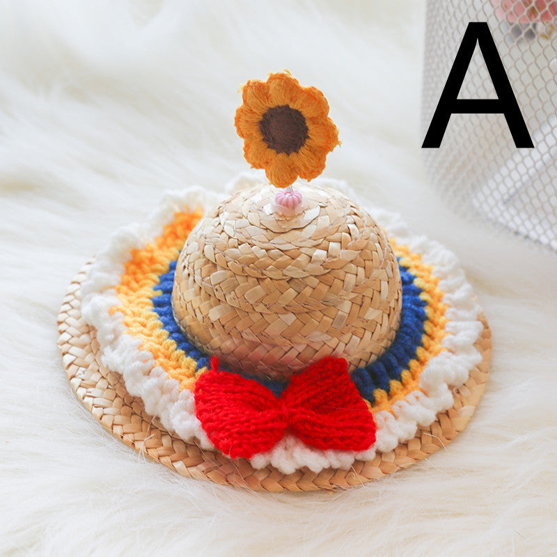 Pet Cute Knitted Straw Flower Hat, Cat & Dog Photography Prop Sun Hat