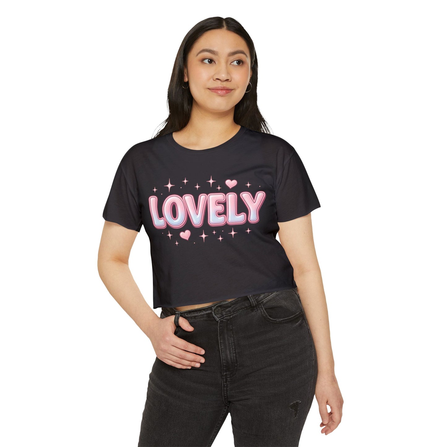 Lovely Crop Top | Cute Pink 'LOVELY' Graphic Festival Tee for Women