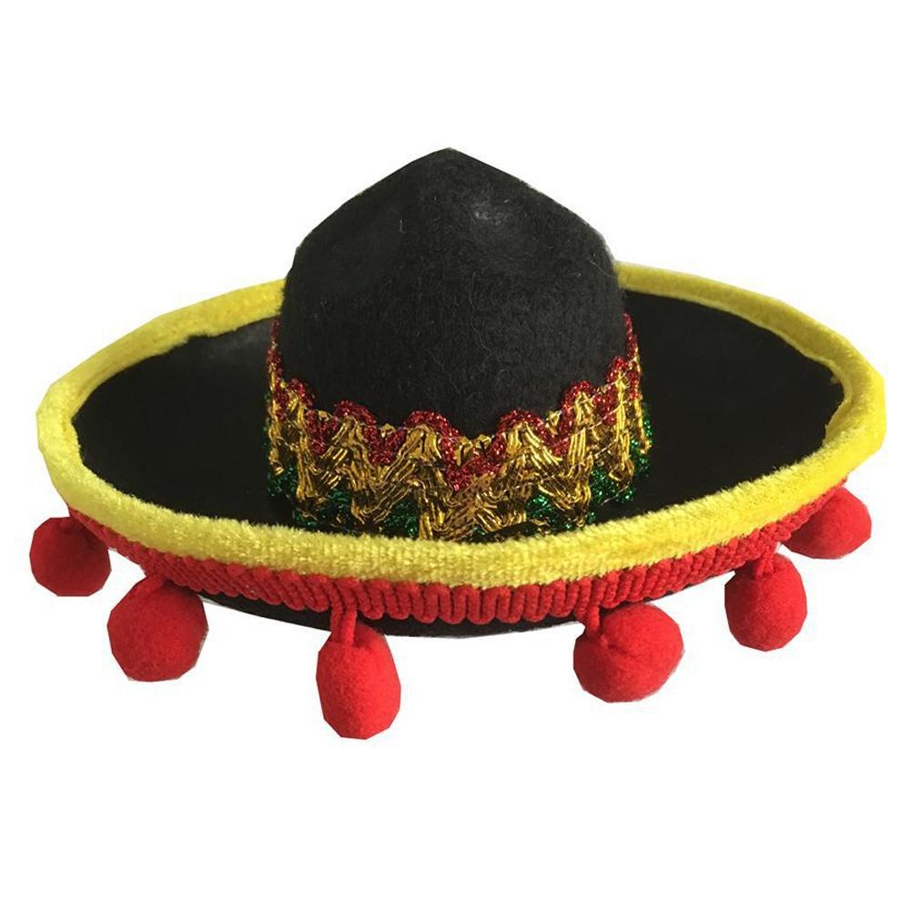 Mexican-Style Pet Hat, Festive Dog & Cat Sombrero (Red Ball / Brown Lace)