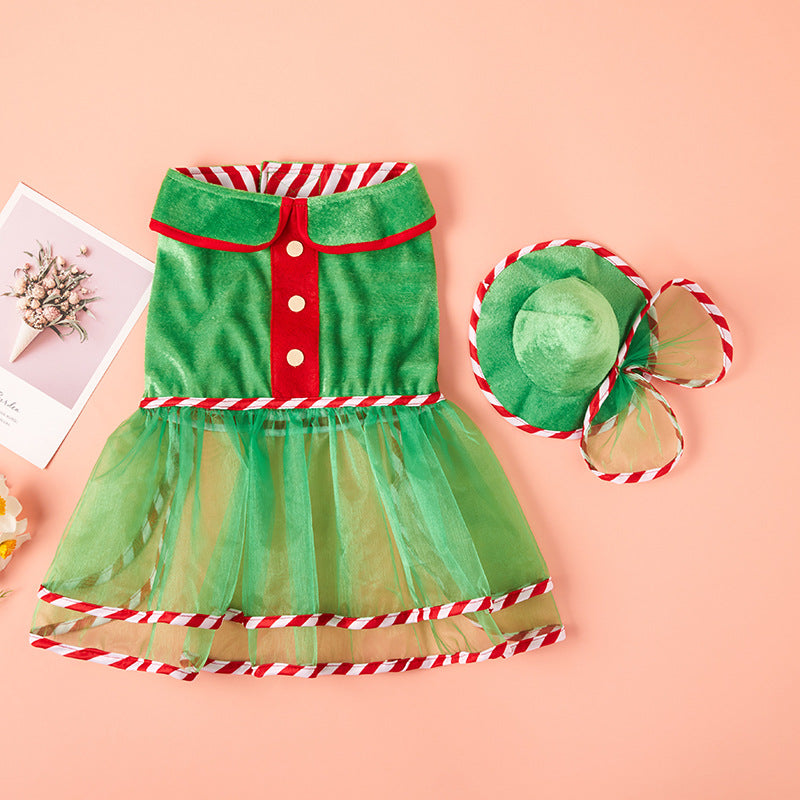 Pet Green Gauze Skirt & Hat Set, Cute Holiday Clothing for Dogs (Christmas Outfit)