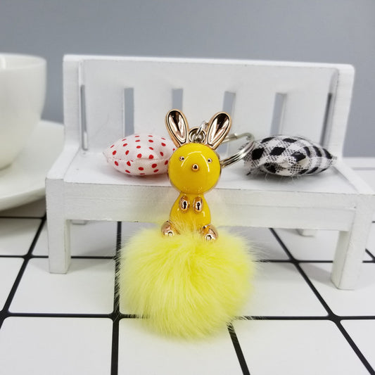 Sitting Long-Ear Bunny Hairy Ball Keychain, Faux Rabbit/Fox Fur Acrylic Pendant