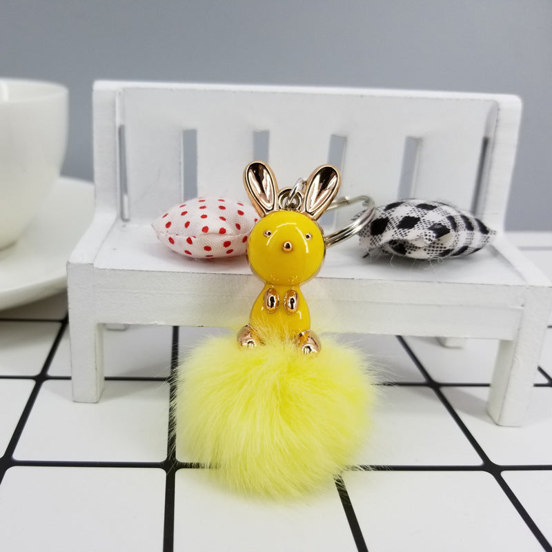 Sitting Long-Ear Bunny Hairy Ball Keychain, Faux Rabbit/Fox Fur Acrylic Pendant