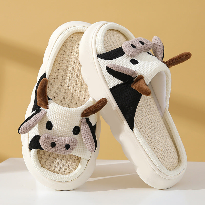 Farm Fun & Comfort: Cute Cartoon Cow and Frog Linen Non-slip Indoor Garden Slippers.