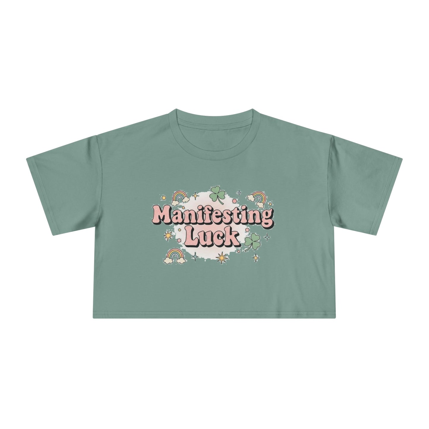 Manifesting Luck Crop Tee - Cute St. Patrick’s Day Clover & Rainbow Women's Top