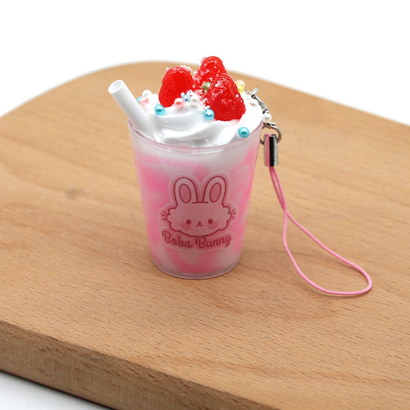 Strawberry Bunny Ice Cream Cup Keychain, Cute PVC Rabbit Drink Pendant (4–6 cm)