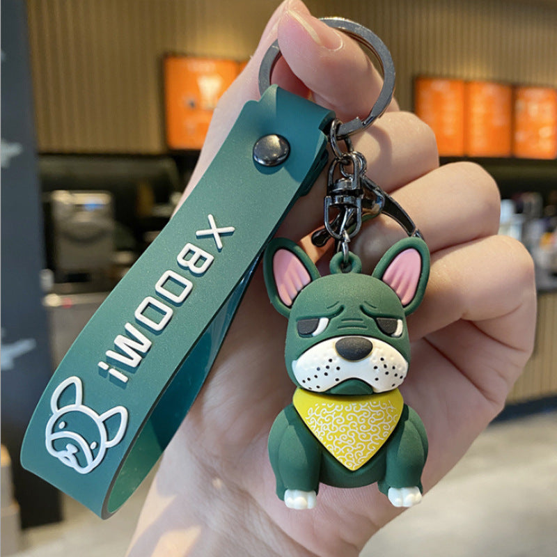 Cartoon French Fighting Dog Car Keychain, Silicone & Metal Pendant for Bags & Keys