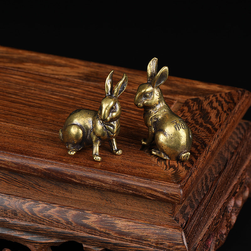 Antique Bronze Miniature Brass Bunny, Retro Zodiac Copper Ornaments (Pair)