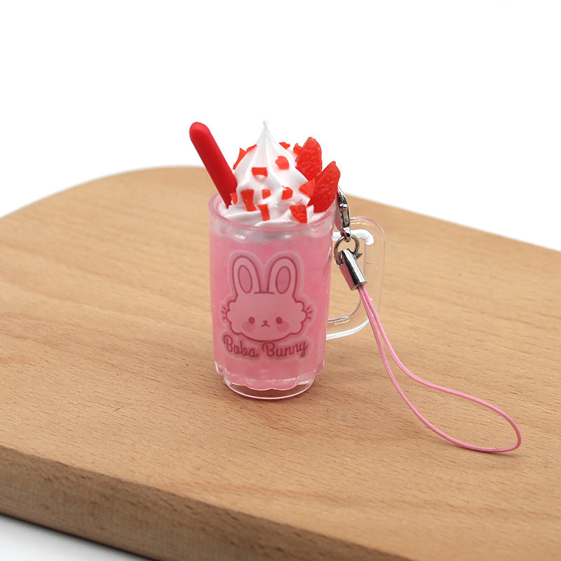 Strawberry Bunny Ice Cream Cup Keychain, Cute PVC Rabbit Drink Pendant (4–6 cm)