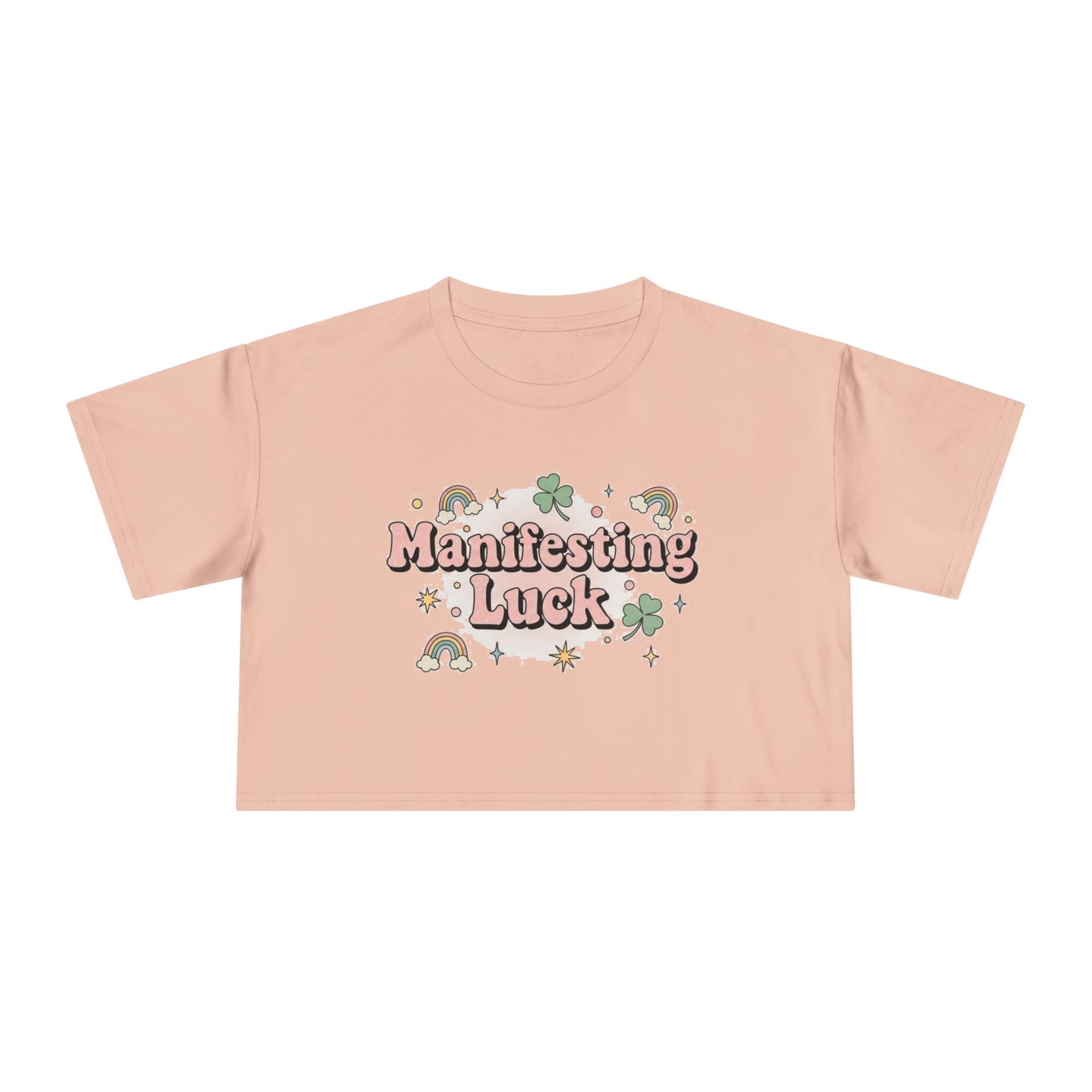Manifesting Luck Crop Tee - Cute St. Patrick’s Day Clover & Rainbow Women's Top