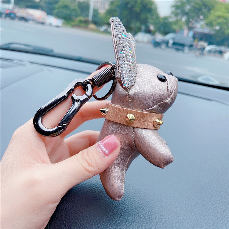 Creative Leather Diamond Dog Keychain, Mini French Bulldog PU & Rhinestone Pendant