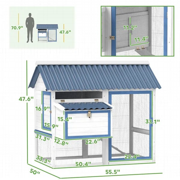 55.5 Inch Wooden Chicken Coop with Run Box, Nesting Box, Removable Tray & Ramp – Outdoor Hutch for 2–3 Chickens, White