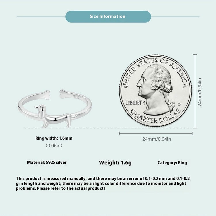 Women’s Cute Sausage Dog Open Ring, S925 Sterling Silver Adjustable Animal Ring