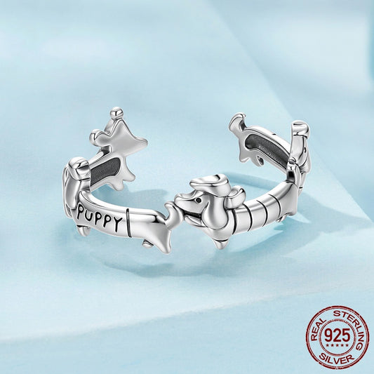 S925 Sterling Silver Sausage Dog Open Ring, Adjustable Polished Women’s Jewelry