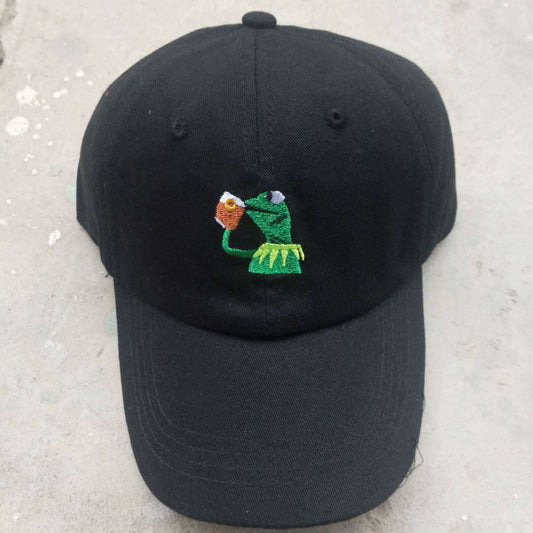 All-Season Style: Adjustable Cartoon Frog Embroidered Baseball Hat with Curved Brim.