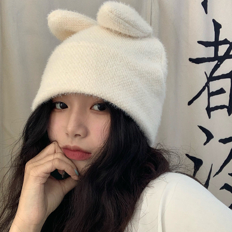 Cute Sweet Girl Milk Bunny Ears Knitted Woolen Hat, Embroidered Dome Baseball Cap