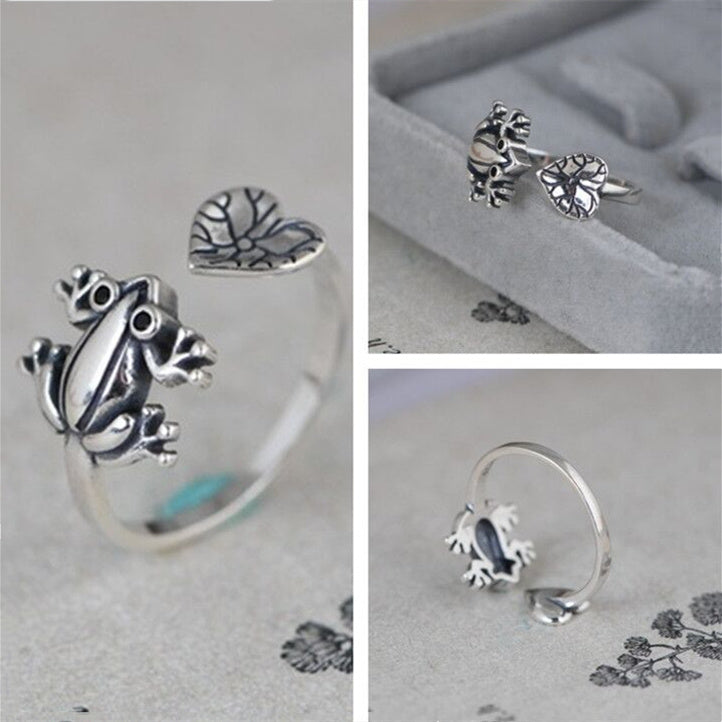 Adjustable Retro: Compact Lotus Leaf Frog Metal Ring (Silver, Electroplated).